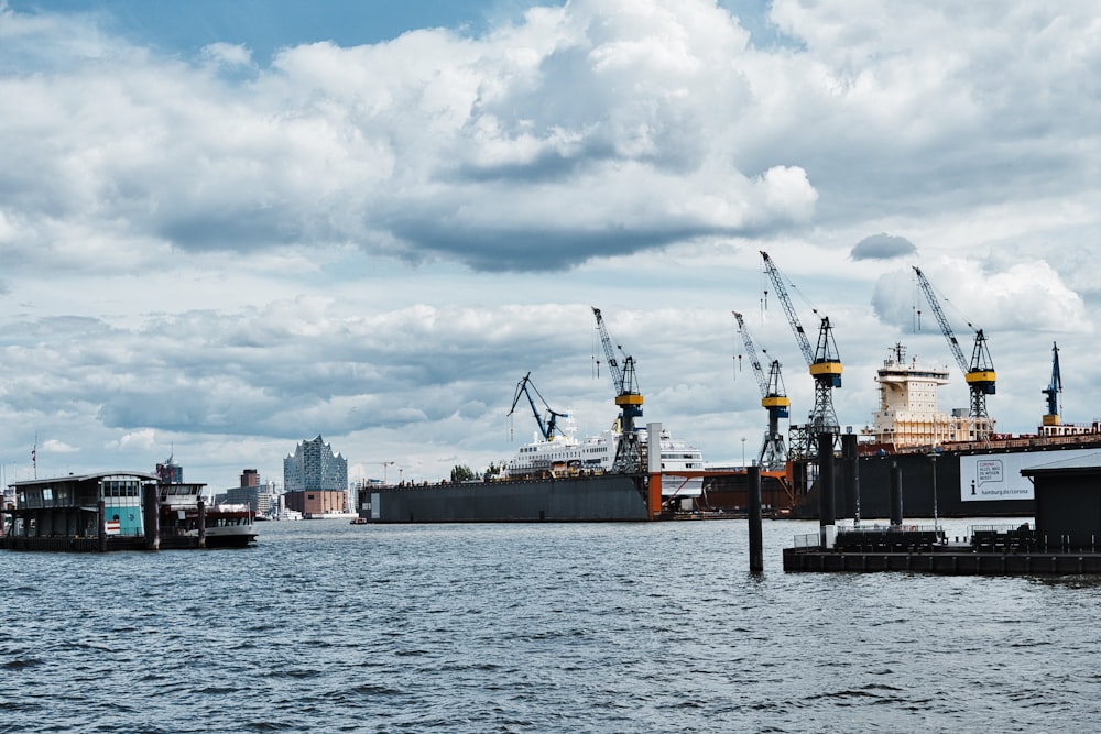 yellow and black industrial machine on dock under cloudy sky during daytime