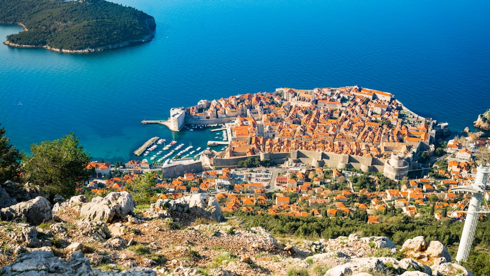 aerial view of city near body of water during daytime