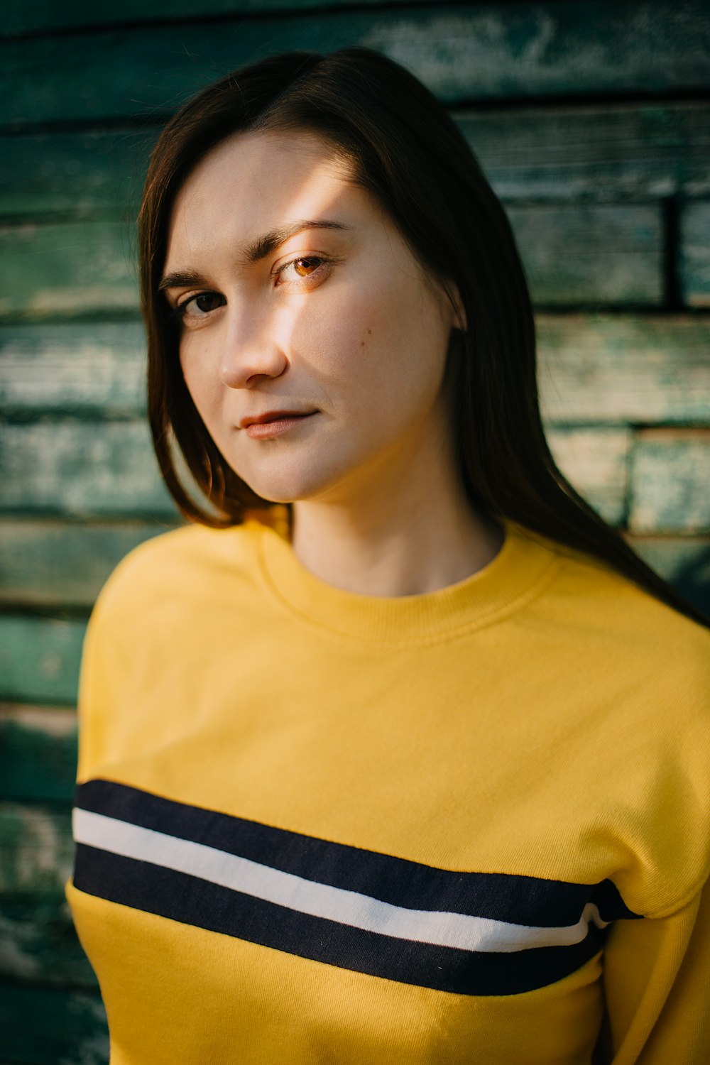 woman in yellow crew neck shirt