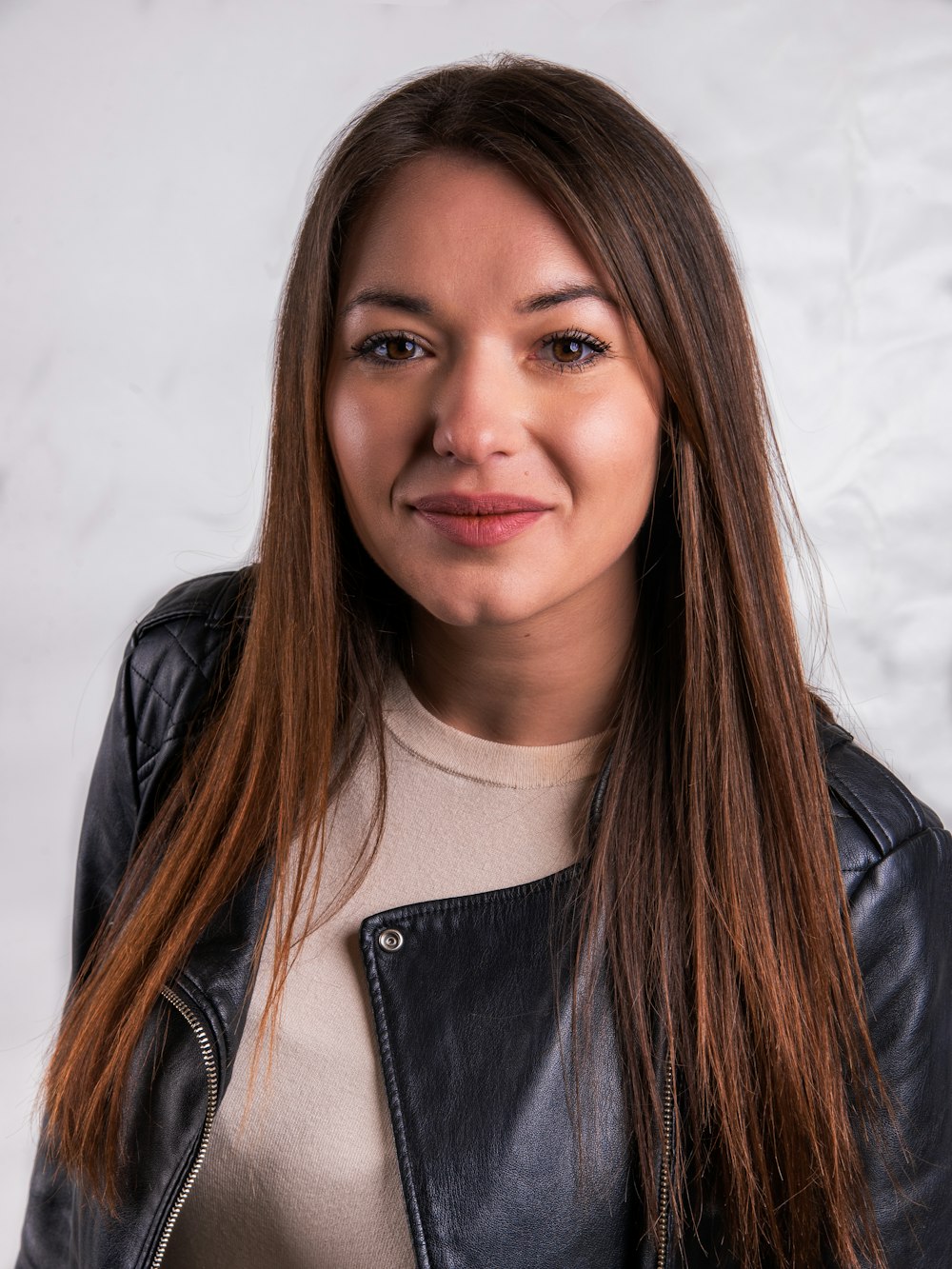 woman in black leather jacket