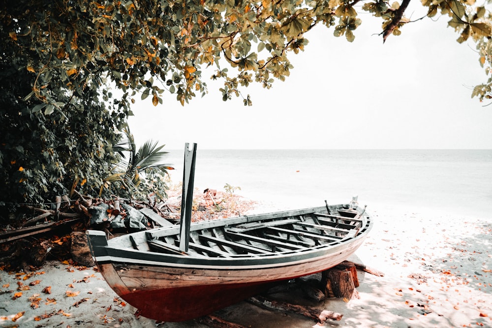 brown and black boat on brown sand near body of water during daytime