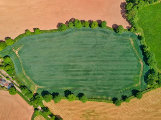 Aerial view of a green lot bordered by forest and farmland.