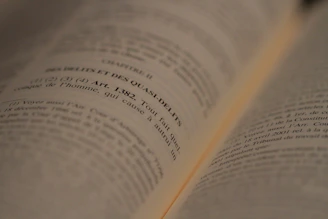 An open book with text in French, focused on a legal article number 1382. The lines are sharp in the middle of the image, while the edges appear slightly blurred due to the depth of field.