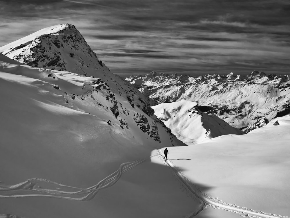 grayscale photo of snow covered mountain