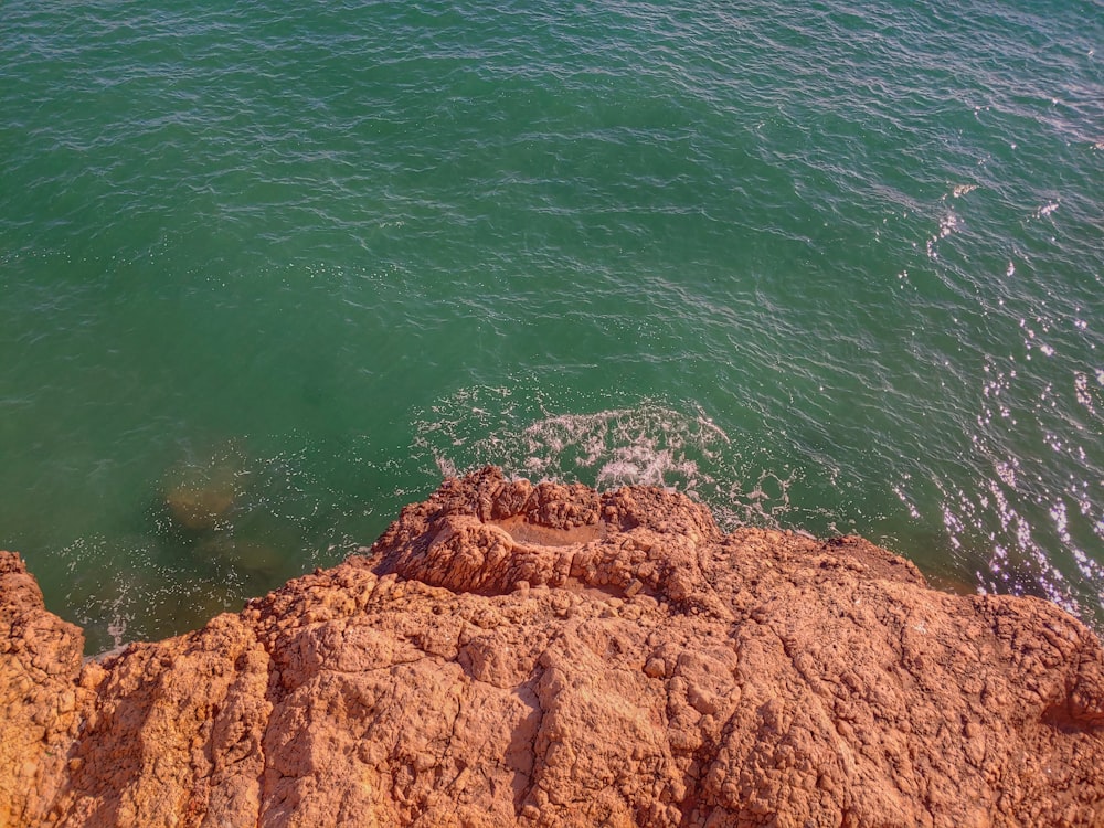 formación de roca marrón junto al cuerpo de agua durante el día