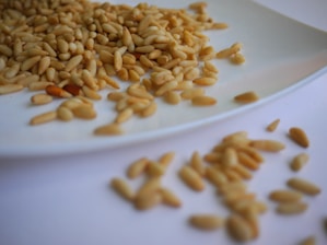 brown peanuts on white ceramic plate