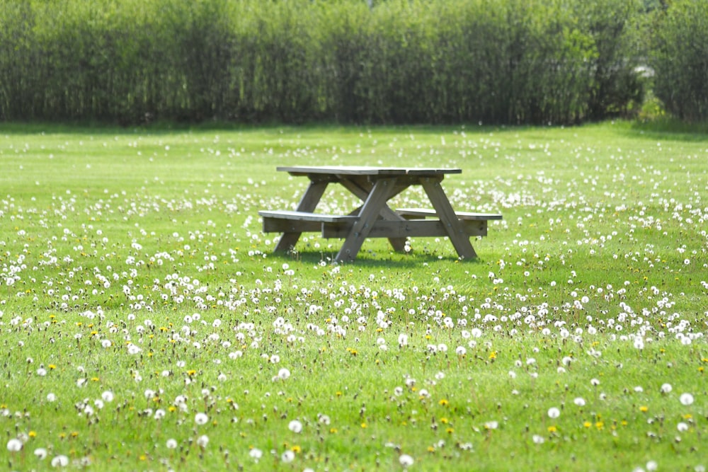a picnic table in the middle of a field of flowers