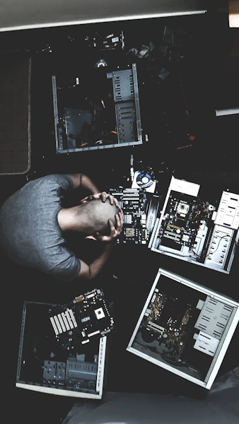 man in blue shirt using computer