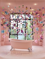 white ceramic bathtub with blue green and pink floral curtain