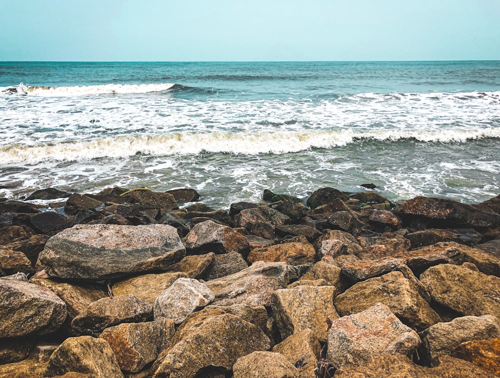 brown and gray rocks near body of water during daytime