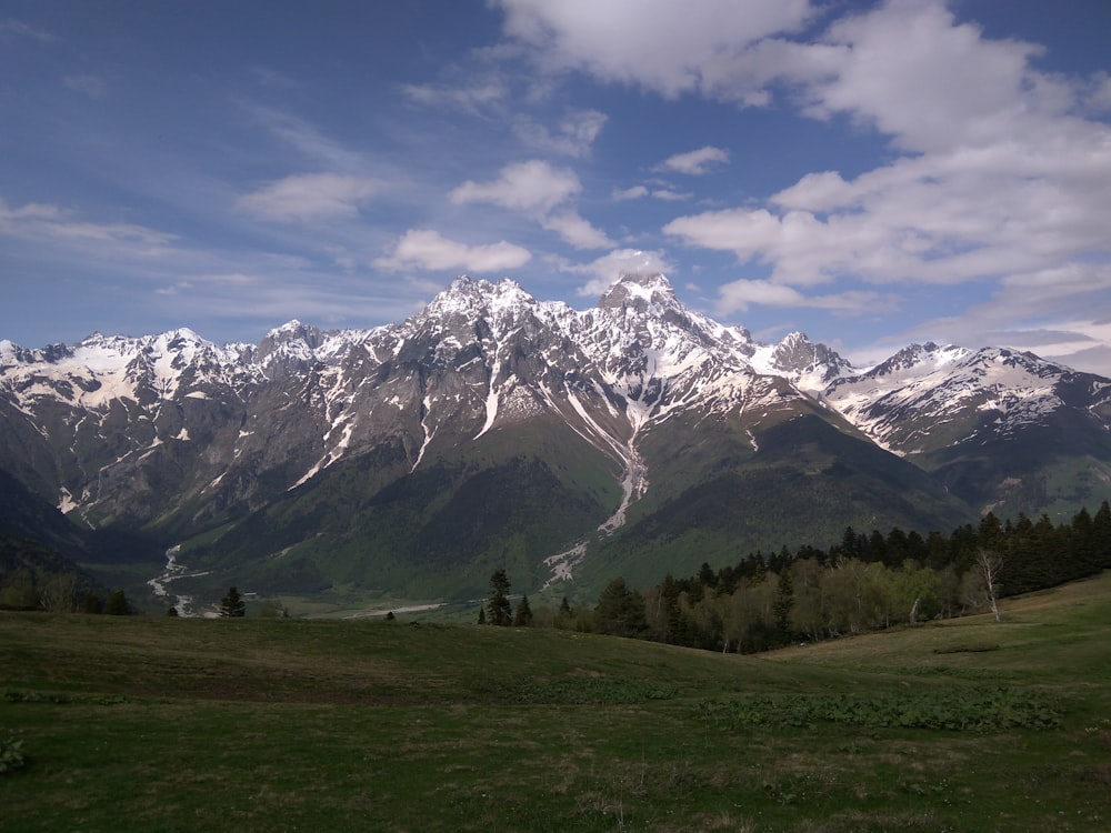 green grass field near snow covered mountain under blue sky during daytime