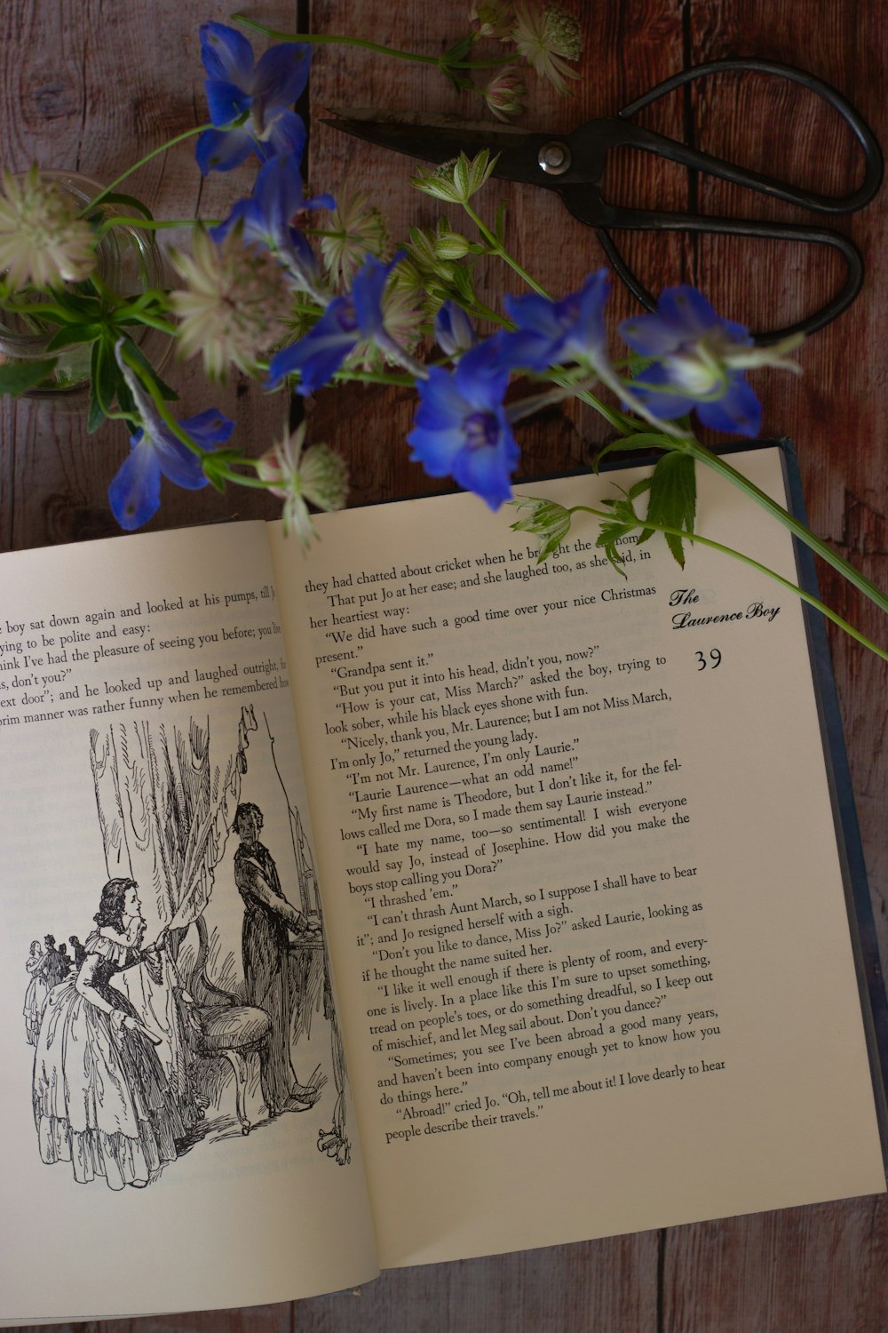 fiori viola sulla pagina del libro