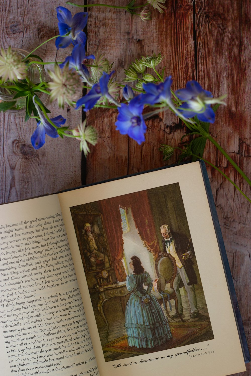 fleurs bleues sur page de livre blanc