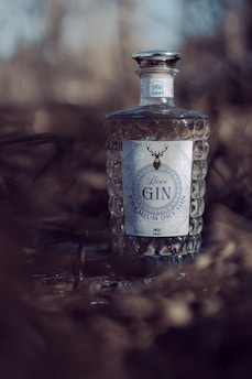 A bottle of premium dry gin with a textured glass design is placed on a natural backdrop. The label features a deer motif and intricate patterns. The scene is softly lit, casting a muted and calm ambiance.