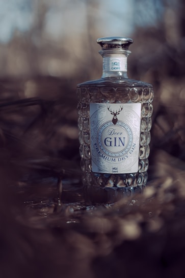 A close-up of a barbesini.gin bottle with elegant bordeaux and ivory label, softly lit to highlight its classic design.