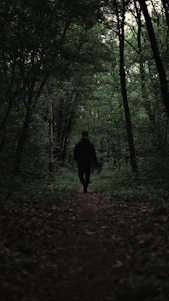 man in black jacket walking on forest during daytime