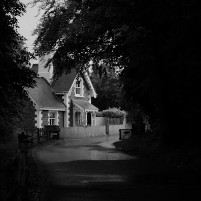 A quaint, vintage-style cottage stands by a quiet country road. The house features detailed gables and a picket fence, surrounded by lush greenery, with trees arching overhead. The scene appears calm and secluded, evoking a sense of nostalgia.