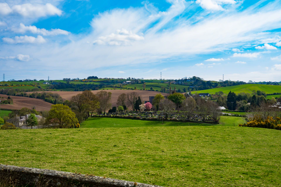 Serene landscape features lush green field, trees, and bushes under clear blue sky