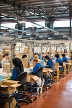 A factory setting with several workers seated at workstations along an assembly line. They are focused on tasks involving sorting or assembling items. The workers are wearing blue uniforms and headgear for safety and hygiene. Cardboard boxes are scattered on and around the tables, and the factory has a ceiling with exposed beams and fluorescent lighting.
