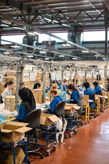 A factory setting with several workers seated at workstations along an assembly line. They are focused on tasks involving sorting or assembling items. The workers are wearing blue uniforms and headgear for safety and hygiene. Cardboard boxes are scattered on and around the tables, and the factory has a ceiling with exposed beams and fluorescent lighting.