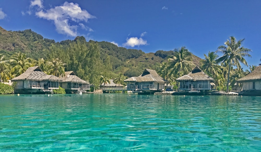 brown wooden houses on water near green mountain under blue sky during daytime