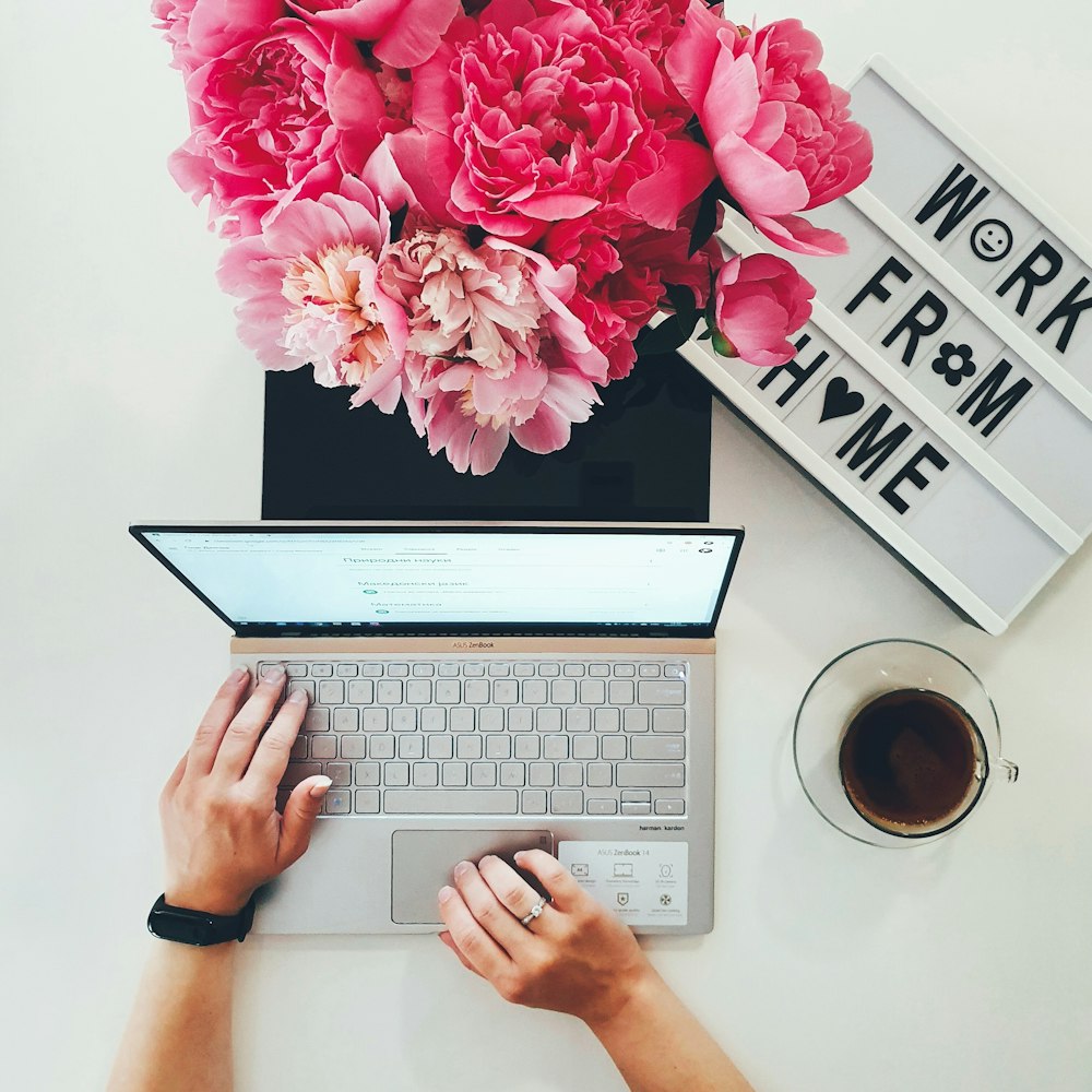 person using macbook air beside pink flowers