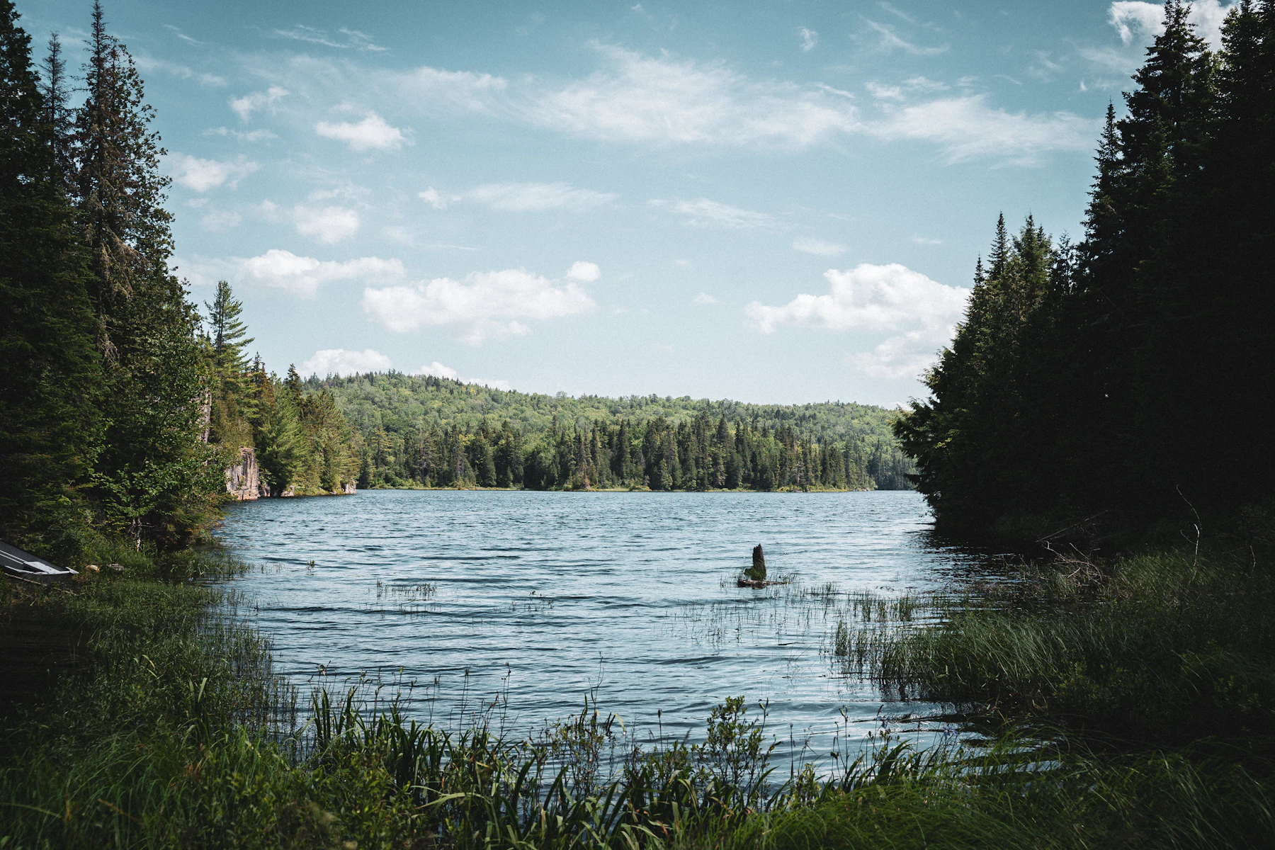 A person sitting on a rock in a still lake