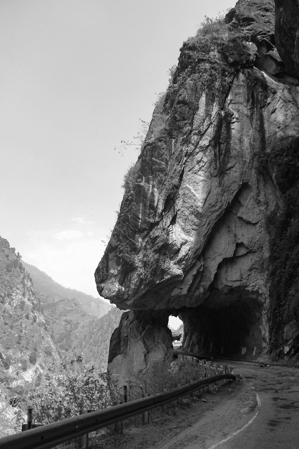 grayscale photo of rocky mountain