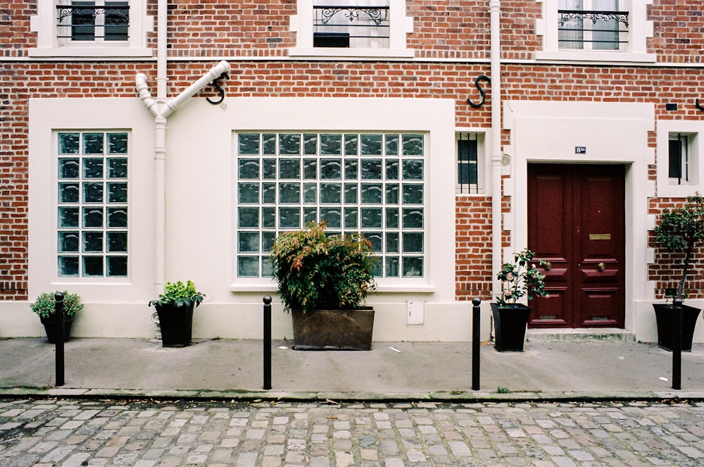 red and white brick building with green plants on the side