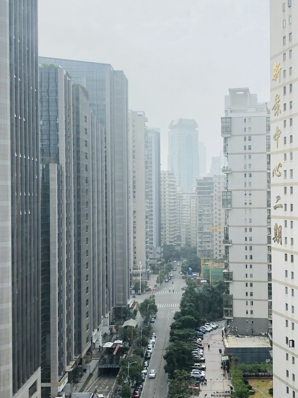 cars on road between high rise buildings during daytime