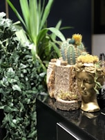A decorative arrangement featuring a golden bust planter with trailing plants on its head, accompanied by a cactus and some logs. Lush green foliage surrounds the composition, creating a contrast with the golden hue.
