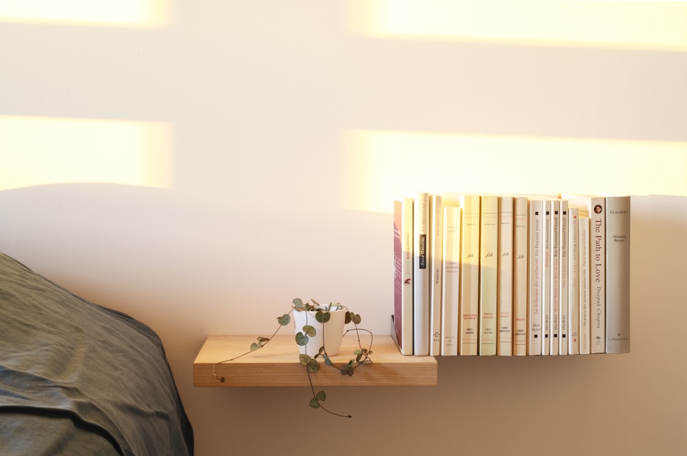 books on brown wooden shelf