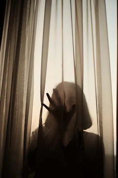 A silhouette of a figure behind sheer curtains, creating an air of mystery.