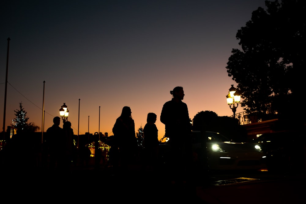 silhouette of people standing on road during sunset