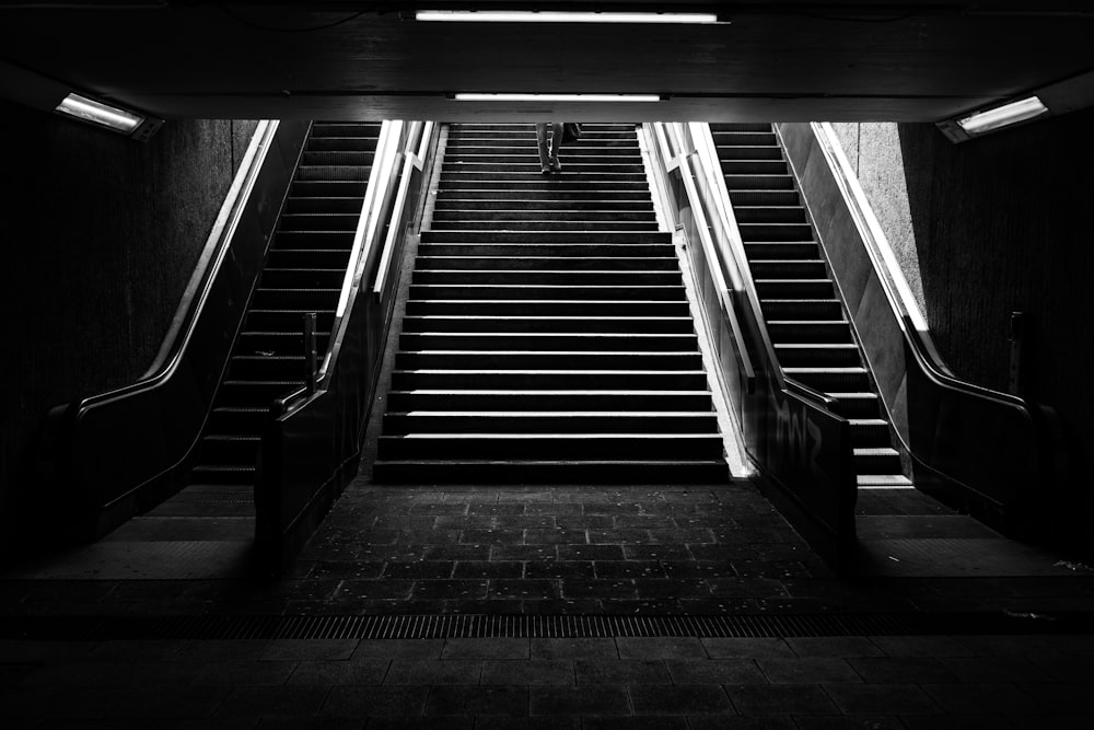 grayscale photo of concrete staircase