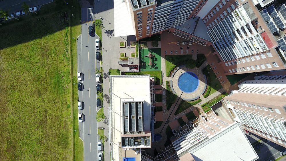 aerial view of green and white basketball court