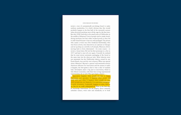 A page from a book with a section of text highlighted in yellow. The highlighted passage discusses the nature of innovation and the conditions that foster it, such as freedom to think, experiment, and the ability to trade ideas. The text appears in a serif font on a white background, bordered by a dark blue margin.
