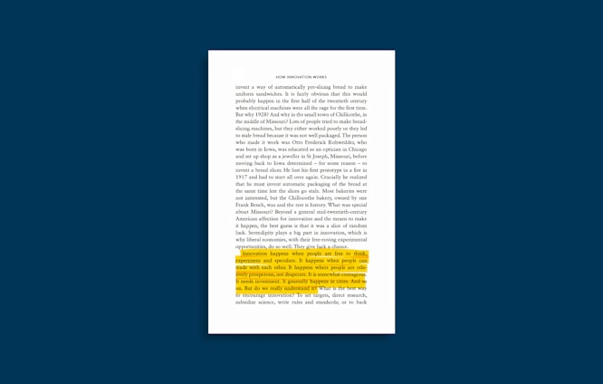 A page from a book with a section of text highlighted in yellow. The highlighted passage discusses the nature of innovation and the conditions that foster it, such as freedom to think, experiment, and the ability to trade ideas. The text appears in a serif font on a white background, bordered by a dark blue margin.