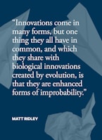 A quote is presented in white text on a dark blue background. The quote speaks about the nature of innovations. Surrounding the text are abstract shapes resembling crumpled paper or paper airplanes.