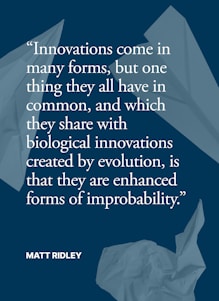 A quote is presented in white text on a dark blue background. The quote speaks about the nature of innovations. Surrounding the text are abstract shapes resembling crumpled paper or paper airplanes.