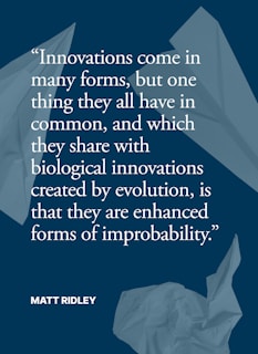 A quote is presented in white text on a dark blue background. The quote speaks about the nature of innovations. Surrounding the text are abstract shapes resembling crumpled paper or paper airplanes.
