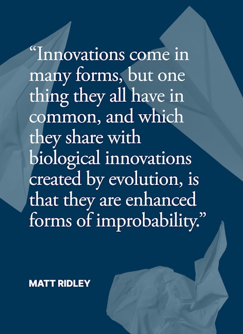 A quote is presented in white text on a dark blue background. The quote speaks about the nature of innovations. Surrounding the text are abstract shapes resembling crumpled paper or paper airplanes.