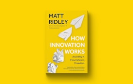 A yellow book cover with the title 'How Innovation Works' by Matt Ridley, featuring paper airplanes and crumpled paper graphics.