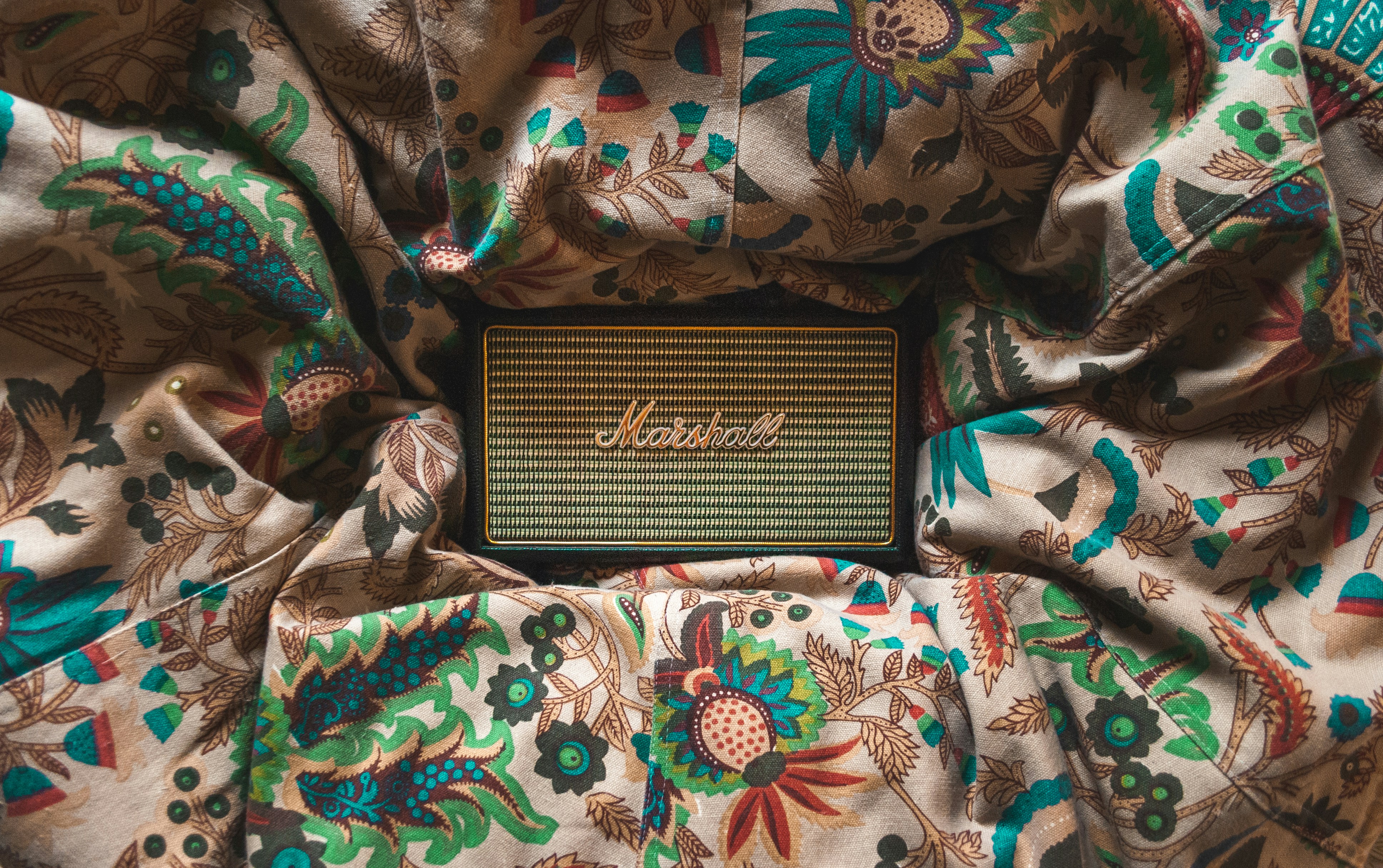 black and white box on blue and white floral textile