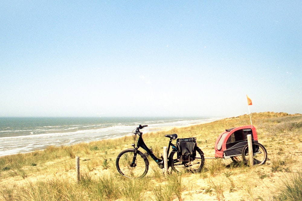 black and red mountain bike on green grass field near body of water during daytime