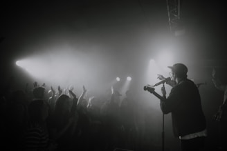 A black and white concert scene with a performer on stage holding a microphone and guitar. A crowd of people with raised hands is visible, enjoying the music under bright stage lights that create a smoky atmosphere.