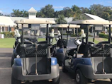 A white golf cart with a roof and comfortable seats ready for a round.