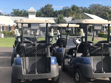 A group of golf carts is parked in a neat row outside a building with a white roof. The area is surrounded by lush greenery, including palm trees and other foliage. The sky is blue with a few clouds, creating a vibrant and inviting atmosphere.
