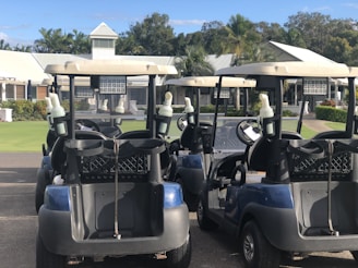 A group of golf carts is parked in a neat row outside a building with a white roof. The area is surrounded by lush greenery, including palm trees and other foliage. The sky is blue with a few clouds, creating a vibrant and inviting atmosphere.
