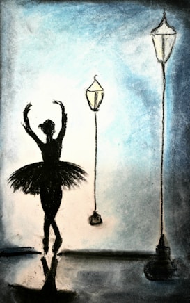 A silhouette of a ballerina in a tutu is gracefully poised, surrounded by two vintage street lamps. The background features a soothing blend of dark and light blue tones, creating a serene ambiance.